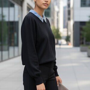 Sioni Milano Black Blue Knit Pullover Sweater Beaded Collared Women Long Sleeve